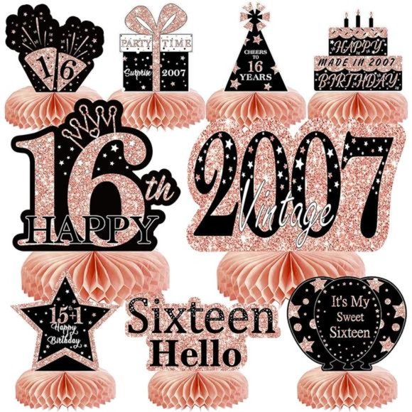 9Pcs Rose Gold Sweet 16 Birthday Decorations Honeycomb Centerpieces for Girls - Picture 1 of 7